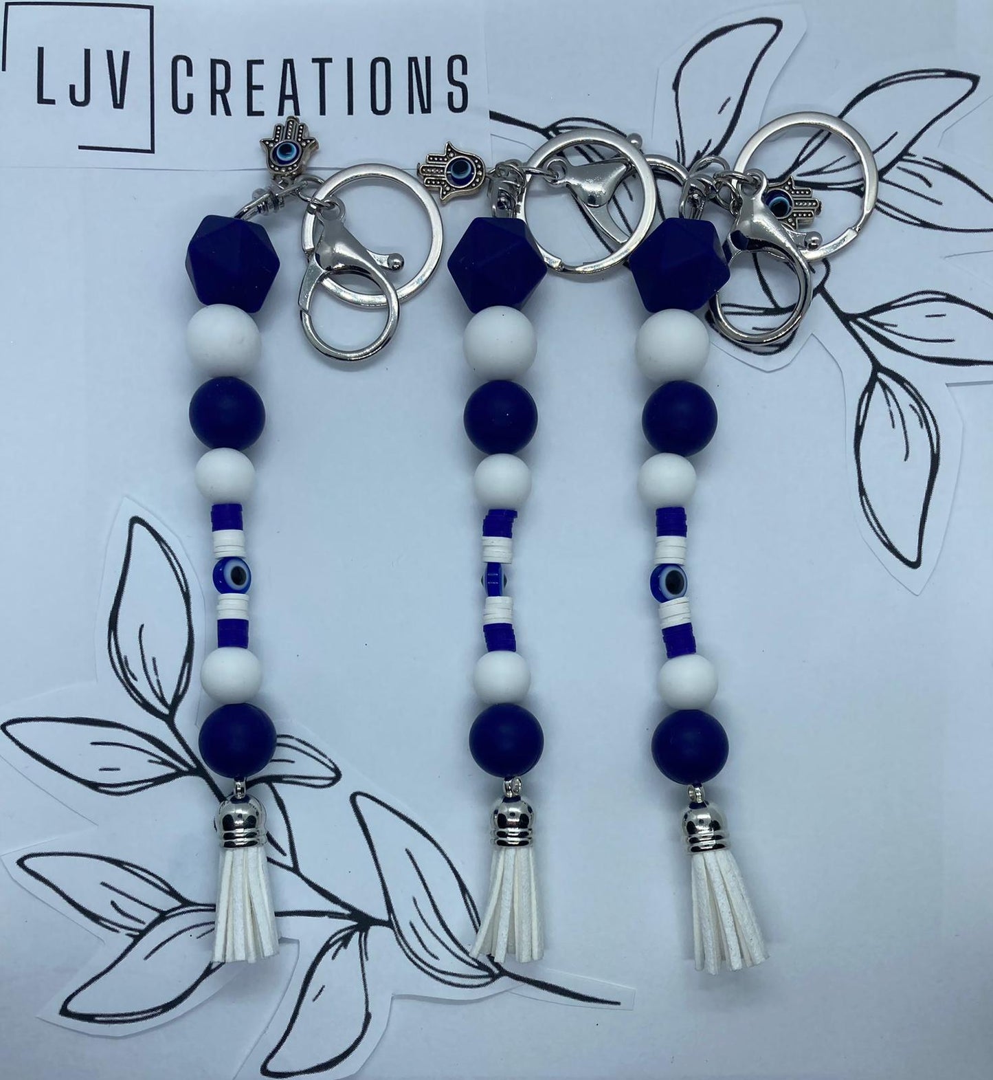 Blue & white evil eye silicone beaded keychain