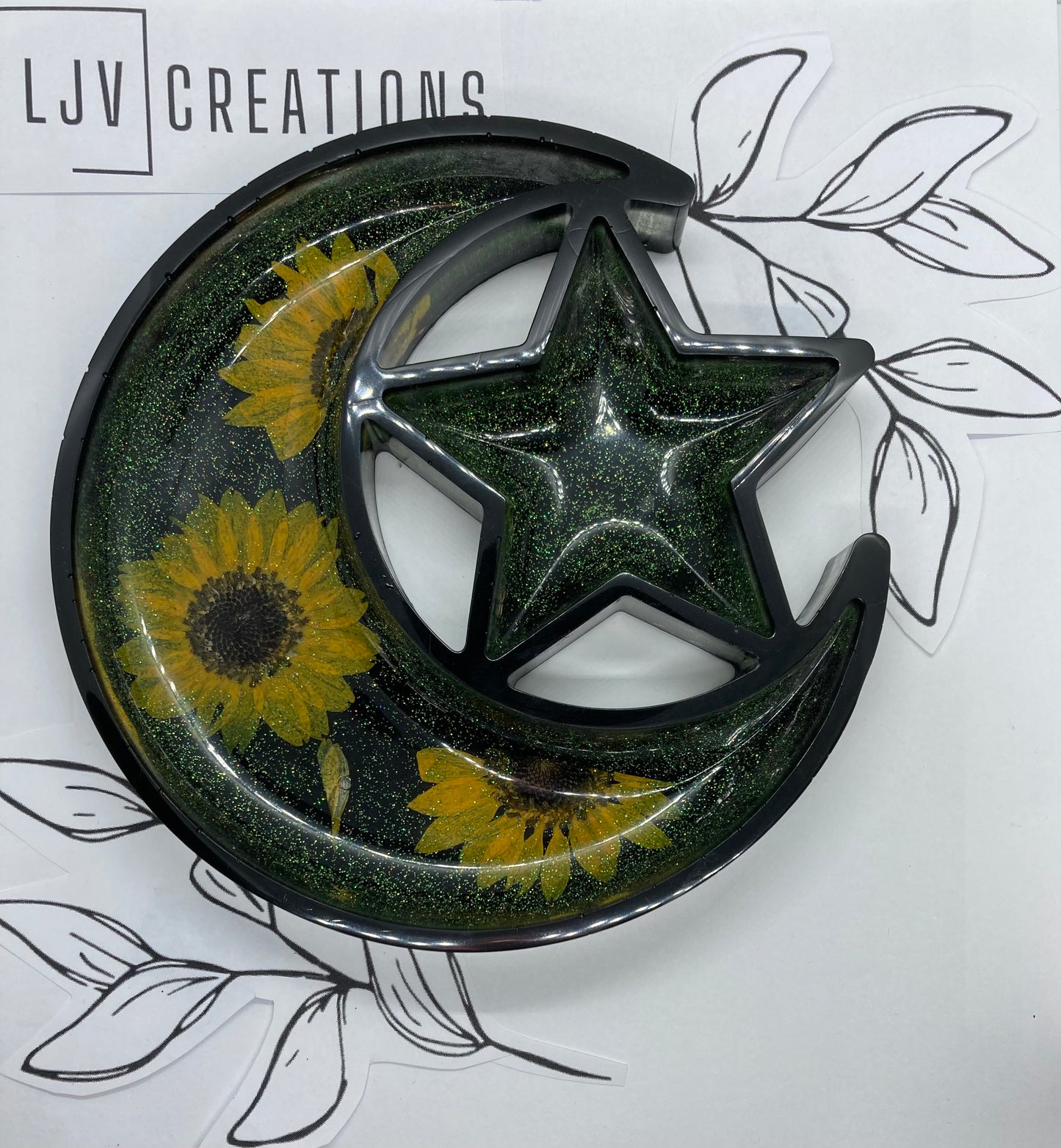 MoonStar Trinket Tray Green Sparkles w/ Sunflowers