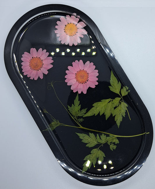 Black Oval Tray with Pink Flowers